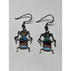Vintage Rock Critters Sterling Silver 925 Designer Multi Inlay Dancer Earrings